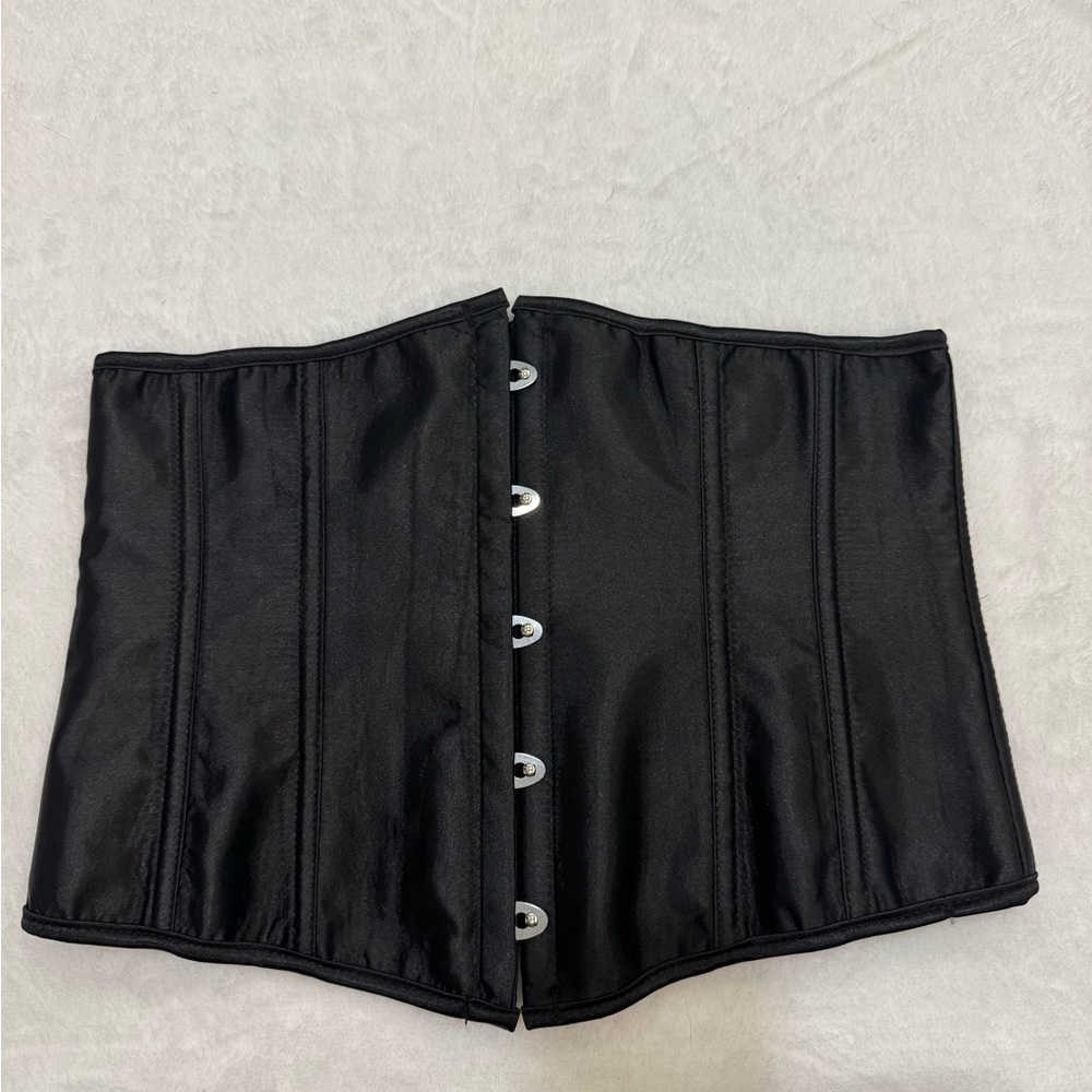 Black Satin Corset Bustier XL Plastic Boning Burlesque Lingerie Waist Cincher